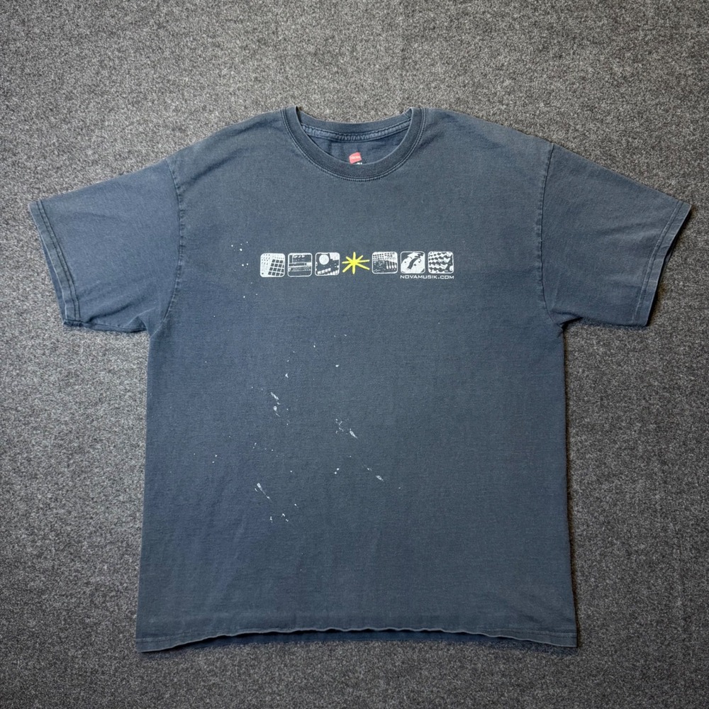 Nova Musik T-Shirt Mens L Navy Blue Synth Graphic Distressed Cotton Tee